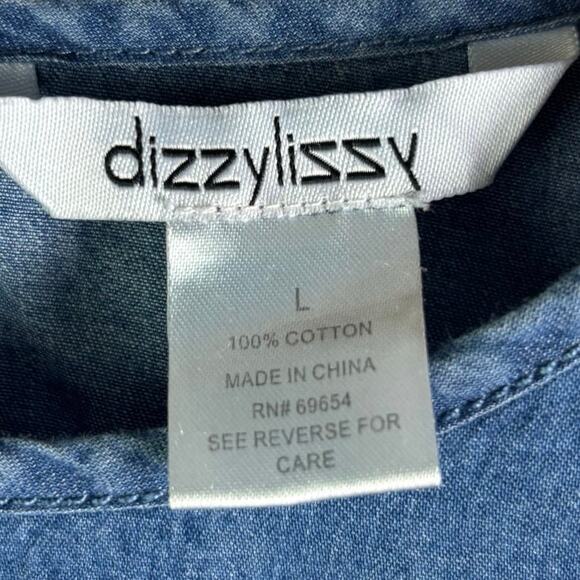 DIZZY LIZZY Denim Cold-Shoulder Ruffled Trim Long Sleeve Womens blouse Size L - Picture 9 of 10